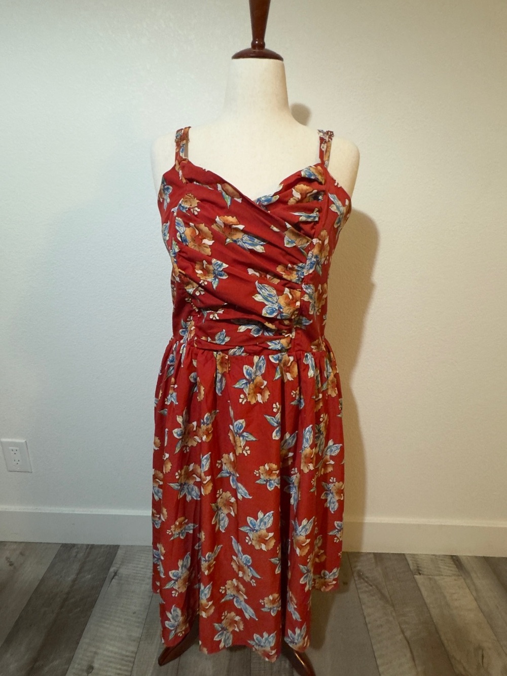 Unique Vintage Red Floral Midi Dress with Blue and Cream Blooms